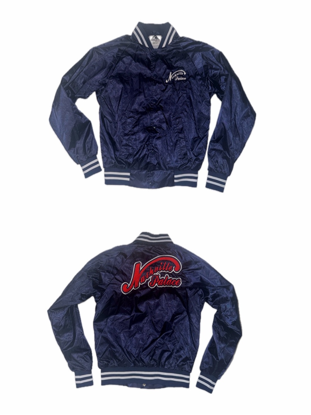 Nashville Palace Navy Blue Satin Bomber Jacket, size xs